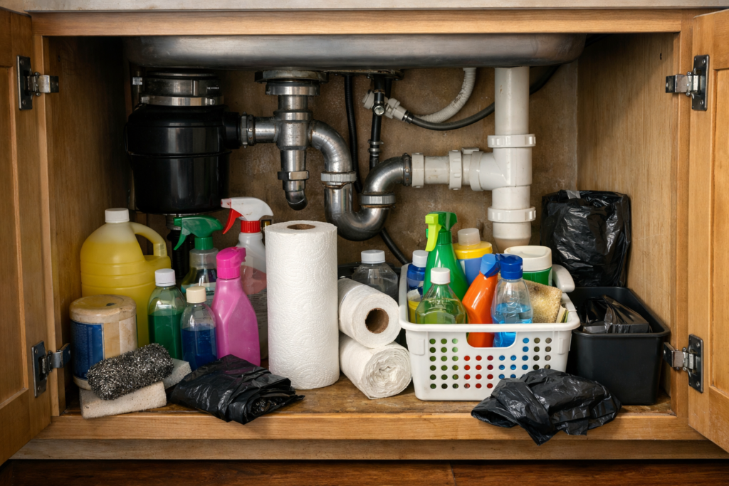 Under kitchen sink storage with pipes, cleaning products, and household supplies before organizing