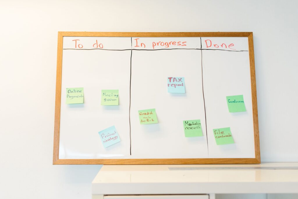 How to Build a Sunday Home Prep Routine A whiteboard with colorful sticky notes organized into to-do, in-progress, and done categories, ideal for task management.