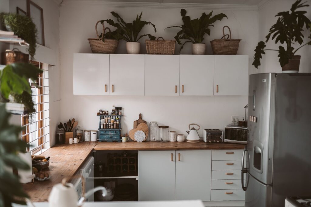 Stylish kitchen interior featuring cabinets, appliances, and indoor plants for a cozy home feel.