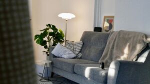 How to Do a Morning Home Reset A cozy living room featuring a grey sofa, floor lamp, and indoor plant bathed in morning sun.