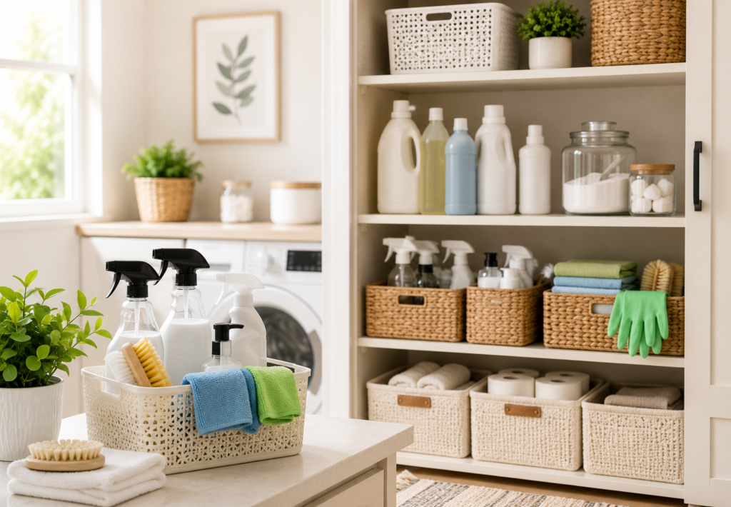 Bright, organized laundry room with neatly stored cleaning supplies, baskets, spray bottles, microfiber cloths, and household essentials on open shelves.