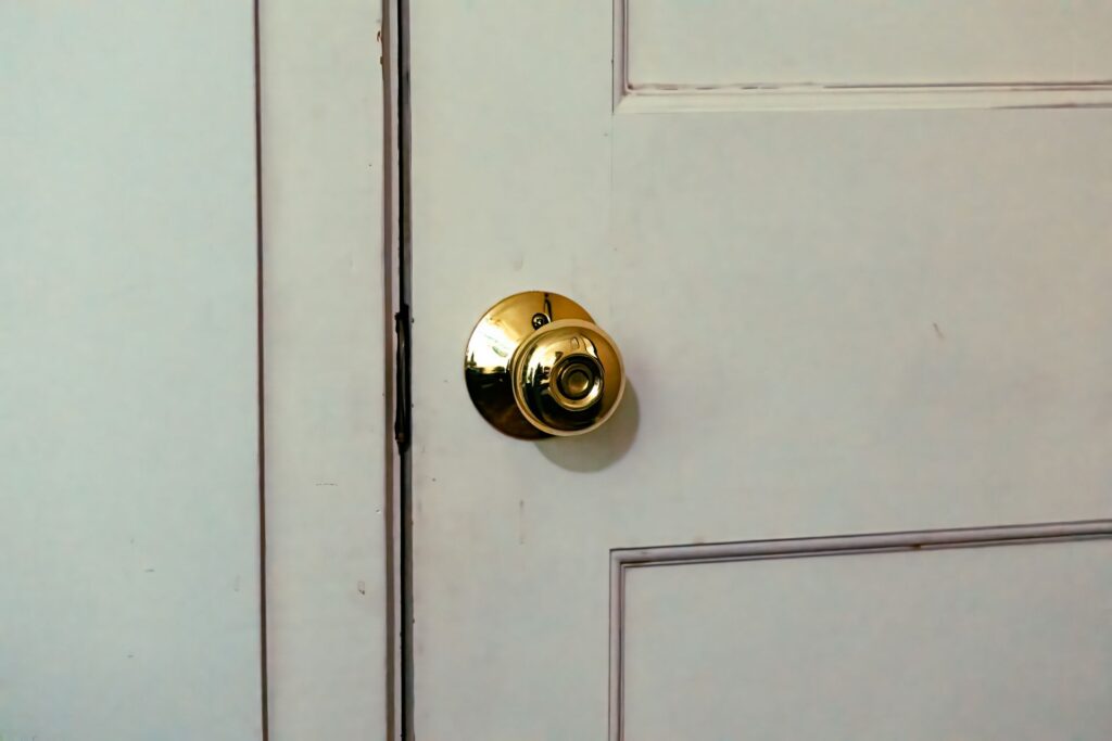 White door featuring a shiny brass knob, ideal for home interior design themes.